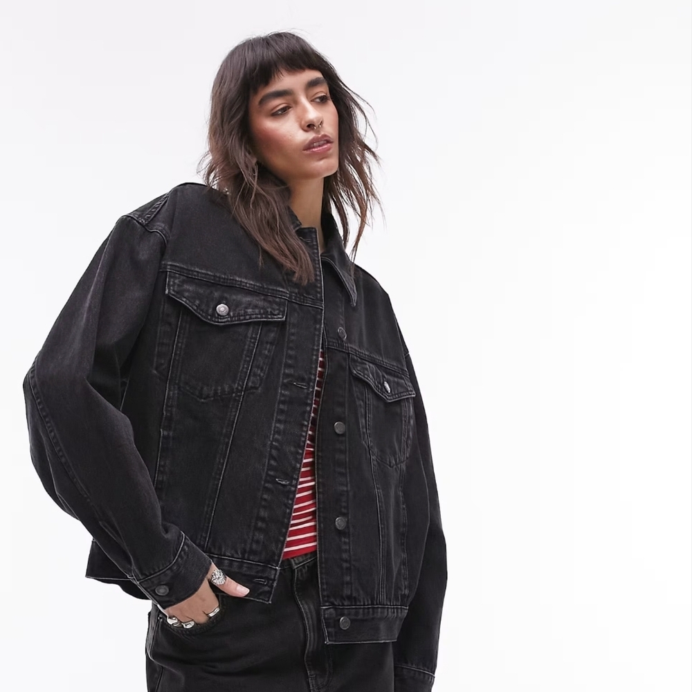 Topshop Moto Oversized Black Denim Jacket Washed US 8